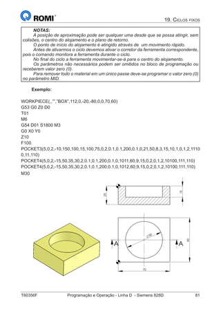 T60356F	 Programação e Operação - Linha D - Siemens 828D	 81
19. Ciclos fixos
NOTAS:
A posição de aproximação pode ser qualquer uma desde que se possa atingir, sem
colisões, o centro do alojamento e o plano de retorno.
O ponto de início do alojamento é atingido através de um movimento rápido.
Antes de ativarmos o ciclo devemos ativar o corretor da ferramenta correspondente,
pois o comando monitora a ferramenta durante o ciclo.
No final do ciclo a ferramenta movimentar-se-á para o centro do alojamento.
Os parâmetros não necessários podem ser omitidos no bloco de programação ou
receberem valor zero (0).
Para remover todo o material em um único passe deve-se programar o valor zero (0)
no parâmetro MID.
Exemplo:
WORKPIECE(,,””,”BOX”,112,0,-20,-80,0,0,70,60)
G53 G0 Z0 D0
T01
M6
G54 D01 S1800 M3
G0 X0 Y0
Z10
F100
POCKET3(5,0,2,-10,150,100,15,100,75,0,2,0.1,0.1,200,0.1,0,21,50,8,3,15,10,1,0,1,2,1110
0,11,110)
POCKET4(5,0,2,-15,50,35,30,2,0.1,0.1,200,0.1,0,1011,60,9,15,0,2,0,1,2,10100,111,110)
POCKET4(5,0,2,-15,50,35,30,2,0.1,0.1,200,0.1,0,1012,60,9,15,0,2,0,1,2,10100,111,110)
M30
15
25
60
50
70
AA
15
25
6050
70
AA
 