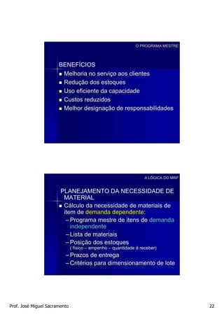 O PROGRAMA MESTRE




                       BENEFÍCIOS
                        Melhoria no serviço aos clientes
                        Redução dos estoques
                        Uso eficiente da capacidade
                        Custos reduzidos
                        Melhor designação de responsabilidades




                                                                   A LÓGICA DO MRP
                                                                     LÓ


                        PLANEJAMENTO DA NECESSIDADE DE
                         MATERIAL
                         Cálculo da necessidade de materiais de
                         item de demanda dependente:
                          – Programa mestre de itens de demanda
                            independente
                          – Lista de materiais
                          – Posição dos estoques
                               ( físico – empenho – quantidade à receber)
                                 fí
                          – Prazos de entrega
                          – Critérios para dimensionamento de lote




Prof. José Miguel Sacramento                                                         22
 