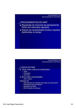 PLANEJAMENTO DA
                                                       NECESSIDADE DE MATERIAL



                        PROCEDIMENTOS DO MRP
                         Repartição do horizonte de planejamento
                         (finito) em intervalos regulares
                         Cálculo de necessidades brutas e líquidas
                         distribuídas no tempo




                                                              PLANEJAMENTO DA
                                                       NECESSIDADE DE MATERIAL



                        LÓGICA DO PNM
                          Atuar sobre ordens já cadastradas
                                             já
                          –    Adiar
                          –    Antecipar
                          –    Cancelar
                         Atuar sobre necessidades
                          – Abrir ordens
                       Através de:
                       Atravé
                          –    Manutenção da validade das datas de vencimento
                               Manutenç
                          –    Satisfação das prioridades
                               Satisfaç
                          –    Redução de faltas
                               Reduç
                          –    Minimização de estoque
                               Minimizaç




Prof. José Miguel Sacramento                                                     24
 