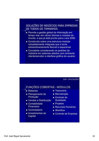 ERP


                       SOLUÇÕES DE NEGÓCIOS PARA EMPRESAS
                       DE TODOS OS TAMANHOS
                         Permite a gestão global da informação em
                                                      informaç
                         tempo real, em vários idiomas e moedas do
                                          vá
                         mundo, e que já está pronto para o ano 2000
                                        já está
                         Construído sobre uma estrutura modular
                         Construí
                         completamente integrada que o torna
                         extraordinariamente flexível e expansível
                                                flexí     expansí
                         Concebido considerando os padrões da
                         indústria em sistemas abertos com ambiente
                         indú
                         cliente/servidor e interface gráfica do usuário.
                                                      grá        usuá




                                                            ERP - APLICAÇÕES
                                                                  APLICAÇ



                       FUNÇÕES COBERTAS - MÓDULOS
                         Materiais                  Tesouraria
                         Planejamento da            Manutenção
                                                    Manutenç
                         Produção
                         Produç                     Controle de
                         Vendas e Distribuição
                                   Distribuiç       Qualidade
                         Contabilidade              Projetos
                         Financeira                 Recursos Humanos
                         Controladoria              Workflow
                         Investimentos de           Controle de Empresa
                         Capital




Prof. José Miguel Sacramento                                                   32
 