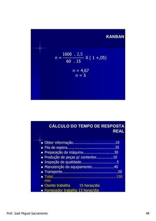 KANBAN



                                     1600 . 2,5
                                 n = -------------- X ( 1 +,05)
                                       60 . 15

                                                n = 4,67
                                                 n=5




                               CÁLCULO DO TEMPO DE RESPOSTA
                                                       REAL

                         Obter informação......................................10
                                informaç
                         Fila de espera...........................................35
                         Preparação da máquina............................30
                         Preparaç            má
                         Produção de peças p/ contentor...............10
                         Produç           peç
                         Inspeção de qualidade................................5
                         Inspeç
                         Manutenção do equipamento....................40
                         Manutenç
                         Transporte..................................................20
                         Total.........................................................150
                         Total.........................................................150
                         min
                         Cliente trabalha             15 horas/dia
                         Fornecedor trabalha 13 horas/dia




Prof. José Miguel Sacramento                                                                 48
 