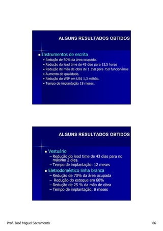 ALGUNS RESULTADOS OBTIDOS


                      Instrumentos de escrita
                       • Redução de 50% da área ocupada.
                         Reduç
                       • Redução do lead time de 45 dias para 13,5 horas
                         Reduç
                       • Redução de mão de obra de 1.350 para 750 funcionários
                         Reduç                                      funcioná
                       • Aumento de qualidade.
                       • Redução do WIP em US$ 1,3 milhão.
                         Reduç
                       • Tempo de implantação 18 meses.
                                  implantaç




                                 ALGUNS RESULTADOS OBTIDOS


                           Vestuário
                           – Redução do lead time de 43 dias para no
                             Reduç
                             máximo 2 dias.
                           – Tempo de implantação: 12 meses
                                      implantaç
                           Eletrodoméstico linha branca
                           – Redução de 70% da área ocupada
                             Reduç
                           – Redução do estoque em 60%
                              Reduç
                           – Redução de 25 % da mão de obra
                             Reduç
                           – Tempo de implantação: 8 meses
                                      implantaç




Prof. José Miguel Sacramento                                                     66
 
