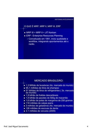 SISTEMAS INTEGRADOS



                       O QUE É MRP, MRP II, MRP III, ERP

                         MRP III = MRP II + JIT Kanban
                         ERP - Enterprise Resources Planning
                         – Conceituado em 1991, inclui qualidade e
                           workflow, integrando apontamentos até o
                           razão.




                                  MERCADO BRASILEIRO:
                         1,3 Milhão de lavadoras (4o. mercado do mundo)
                         95,1 milhões de litros de shampoo
                         61 bilhões de litros de refrigerantes ( 3o. mercado
                         do mundo)
                         1,9 bilhão de fraldas descartáveis
                                                descartá
                         1,9 bilhão de pacotes de 500g de macarrão
                         1,6 bilhão de potes de margarina de 250 gramas
                         118 milhões de calças jeans
                                           calç
                         3 milhões de geladeiras (4o. mercado do mundo)
                         126 milhões de escovas de dente
                         3.1 milhões de veículos (2009)
                                          veí




Prof. José Miguel Sacramento                                                   4
 