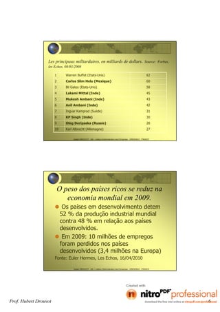 Prof. Hubert Drouvot 6
Hubert DROUVOT - IAE – Institut d’Administration des Entreprises - GRENOBLE - FRANCE
Les principaux milliardaires, en milliards de dollars. Source: Forbes,
les Echos, 08/03/2008
1 Warren Buffet (Etats-Unis) 62
2 Carlos Slim Helu (Mexique) 60
3 Bil Gates (Etats-Unis) 58
4 Laksmi Mittal (Inde) 45
5 Mukesh Ambani (Inde) 43
6 Anil Ambani (Inde) 42
7 Ingvar Kamprad (Suède) 31
8 KP Singh (Inde) 30
9 Oleg Deripaska (Russie) 28
10 Karl Albrecht (Allemagne) 27
Hubert DROUVOT - IAE – Institut d’Administration des Entreprises - GRENOBLE - FRANCE
O peso dos países ricos se reduz na
economia mondial em 2009.
Os países em desenvolvimento detem
52 % da produção industrial mundial
contra 48 % em relação aos países
desenvolvidos.
Em 2009: 10 milhões de empregos
foram perdidos nos países
desenvolvidos (3,4 milhões na Europa)
Fonte: Euler Hermes, Les Echos, 16/04/2010
 