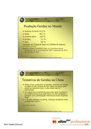 Hubert DROUVOT - IAE – Institut d’Administration des Entreprises - GRENOBLE - FRANCE
Produção Gerdau no Mundo
América do Norte 47,2 %
Brasil 40,1 %
America latina 10,0 %
Europa 2,1 %
Asia 0,6 %
Aquisição da Chaparral Steel (4,2 bilhões de dolares)
Fonte: Dinheiro, 18/07/2007
Segundo o Boston Consulting Grupo, os 10 primeiros atores
representam 28 % do mercado em 2007 e representarão 35 %
do mercado em 2010
Hubert DROUVOT - IAE – Institut d’Administration des Entreprises - GRENOBLE - FRANCE
Tentativas de Gerdau na China
Wang Yuan, executivo na Gerdau, nascido em Xangai
e criado no Rio Grande do Sul voltou na China para
achar um parceiro local, o alvo ideal nao foi
encontrado.
As regras de investimento para este setor mudaram:
as multinacionais que pretendem vir são obrigadas a
comprar uma participação minoritaria numa empresa
local.
« Se não estamos na China, é porque tentamos tudo
e nada deu certo ».
Fonte: Exame, 18/06/2008
Prof. Hubert Drouvot 212
 