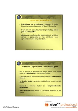 Hubert DROUVOT - IAE – Institut d’Administration des Entreprises - GRENOBLE - FRANCE
ESCOLHAS ESTRATESCOLHAS ESTRATÉÉGICASGICAS
• Estratégias de crescimento externo. A União
Européia representa apenas 35% do PIB mundial.
• Deslocamento parcial ou total da produção para os
países emergentes.
• Abandonar negócios não relacionados à atividade
central e concentrar-se nas atividades onde
apresentam maior competitividade.
Hubert DROUVOT - IAE – Institut d’Administration des Entreprises - GRENOBLE - FRANCE
Schneider – Square D 1991…Uma aliança global
• Para os serviços de distribuição de energia elétrica e de controle
industrial, a globalização é uma questão prioritária.
• A Schneider Electric detém uma posição de liderança no continente
Europeu.
• Os Estados Unidos representam individualmente o maior mercado
mundial.
• Square D e Schneider dispõem de complementaridades
estratégicas.
• Uma associação entre Square D e Schneider beneficiará os dois
grupos.
Prof. Hubert Drouvot 212
 