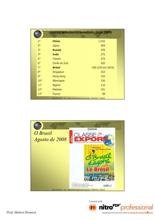 Prof. Hubert Drouvot 8
Hubert DROUVOT - IAE – Institut d’Administration des Entreprises - GRENOBLE - FRANCE
réserves monétaires mondiales (sept 2008)
1° Chine 1.534
2° Japon 954
3° Russie 476
4° Inde 275
5° Taiwan 274
6° Corée du Sud 262
7° Brésil 180 (239 em 2010)
8° Singapour 163
9° Hong Kong 152
10° Allemagne 136
11° Algérie 110
12° Malaisie 101
13° France 98
Hubert DROUVOT - IAE – Institut d’Administration des Entreprises - GRENOBLE - FRANCE
O Brasil
Agosto de 2008
 