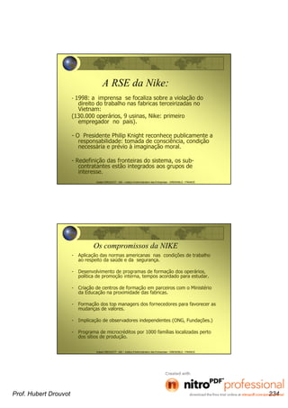 Hubert DROUVOT - IAE – Institut d’Administration des Entreprises - GRENOBLE - FRANCE
A RSE da Nike:
- 1998: a imprensa se focaliza sobre a violação do
direito do trabalho nas fabricas terceirizadas no
Vietnam:
(130.000 operários, 9 usinas, Nike: primeiro
empregador no pais).
- O Presidente Philip Knight reconhece publicamente a
responsabilidade: tomada de consciência, condição
necessária e prévio à imaginação moral.
- Redefinição das fronteiras do sistema, os sub-
contratantes estão integrados aos grupos de
interesse.
Hubert DROUVOT - IAE – Institut d’Administration des Entreprises - GRENOBLE - FRANCE
Os compromissos da NIKE
- Aplicação das normas americanas nas condições de trabalho
ao respeito da saúde e da segurança.
- Desenvolvimento de programas de formação dos operários,
política de promoção interna, tempos acordado para estudar.
- Criação de centros de formação em parceiros com o Ministério
da Educação na proximidade das fabricas.
- Formação dos top managers dos fornecedores para favorecer as
mudanças de valores.
- Implicação de observadores independentes (ONG, Fundações.)
- Programa de microcréditos por 1000 famílias localizadas perto
dos sítios de produção.
Prof. Hubert Drouvot 234
 
