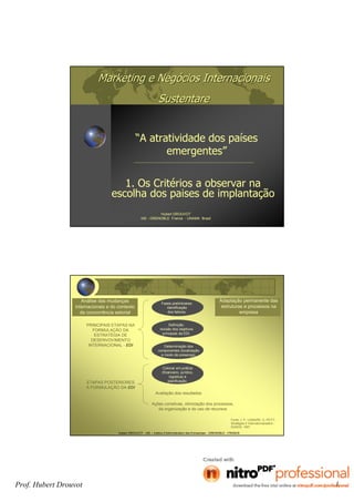 Prof. Hubert Drouvot 1
Marketing e NegMarketing e Negóócios Internacionaiscios Internacionais
SustentareSustentare
“A atratividade dos países
emergentes”
1. Os Critérios a observar na
escolha dos paises de implantação
Hubert DROUVOT
IAE - GRENOBLE France - UNAMA Brasil
Hubert DROUVOT - IAE – Institut d’Administration des Entreprises - GRENOBLE - FRANCE
Definição,
revisão dos objetivos
principais da EDI.
Fases preliminares:
identificação
dos fatores.
Análise das mudanças
internacionais e do contexto
da concorrência setorial
Ações corretivas, otimização dos processos,
da organização e do uso de recursos
Fonte: J. P., LEMAIRE, G. PETIT -
Stratégies d ’Internationalisation -
DUNOD, 1997
Determinação dos
componentes (localização
e modo de presença).
Colocar em prática
(financeiro, jurídico,
logística) e
planificação.
PRINCIPAIS ETAPAS NA
FORMULAÇÃO DA
ESTRATÉGIA DE
DESENVOVIMENTO
INTERNACIONAL - EDI
ETAPAS POSTERIORES
À FORMULAÇÃO DA EDI
Avaliação dos resultados
Adaptação permanente das
estruturas e processos na
empresa
 