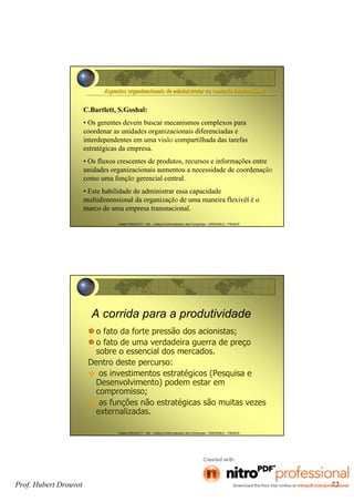 Hubert DROUVOT - IAE – Institut d’Administration des Entreprises - GRENOBLE - FRANCE
Aspectos organizacionais de administratar no contexto internacioAspectos organizacionais de administratar no contexto internacionalnal
C.Bartlett, S.Goshal:
• Os gerentes devem buscar mecanismos complexos para
coordenar as unidades organizacionais diferenciadas e
interdependentes em uma visão compartilhada das tarefas
estratégicas da empresa.
• Os fluxos crescentes de produtos, recursos e informações entre
unidades organizacionais aumentou a necessidade de coordenação
como uma fonção gerencial central.
• Este habilidade de administrar essa capacidade
multidimensional da organização de uma maneira flexivél é o
marco de uma empresa transnacional.
Hubert DROUVOT - IAE – Institut d’Administration des Entreprises - GRENOBLE - FRANCE
A corrida para a produtividade
o fato da forte pressão dos acionistas;
o fato de uma verdadeira guerra de preço
sobre o essencial dos mercados.
Dentro deste percurso:
os investimentos estratégicos (Pesquisa e
Desenvolvimento) podem estar em
compromisso;
as funções não estratégicas são muitas vezes
externalizadas.
Prof. Hubert Drouvot 72
 