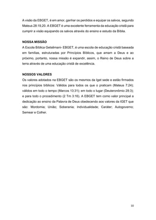 10
A visão da EBGET, é em amor, ganhar os perdidos e equipar os salvos, segundo
Mateus 28:19,20. A EBGET é uma excelente ferramenta da educação cristã para
cumprir a visão equipando os salvos através do ensino e estudo da Bíblia.
NOSSA MISSÃO
A Escola Bíblica Getsêmani- EBGET, é uma escola de educação cristã baseada
em famílias, estruturadas por Princípios Bíblicos, que amam a Deus e ao
próximo, portanto, nossa missão é expandir, assim, o Reino de Deus sobre a
terra através de uma educação cristã de excelência.
NOSSOS VALORES
Os valores adotados na EBGET são os mesmos da Iget sede e estão firmados
nos princípios bíblicos: Válidos para todos os que o praticam (Mateus 7:24);
válidos em todo o tempo (Marcos 13:31); em todo o lugar (Deuteronômio 28:3);
e para todo o procedimento (2 Tm 3:16). A EBGET tem como valor principal a
dedicação ao ensino da Palavra de Deus obedecendo aos valores da IGET que
são: Mordomia; União; Soberania; Individualidade; Caráter; Autogoverno;
Semear e Colher.
 