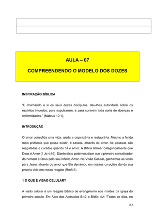 132
INSPIRAÇÃO BÍBLICA
“E chamando a si os seus dozes discípulos, deu-lhes autoridade sobre os
espíritos imundos, para expulsarem, e para curarem toda sorte de doenças e
enfermidades.” (Mateus 10:1).
INTRODUÇÃO
O amor consolida uma vida, ajuda a organizá-la e restaurá-la. Mesmo a ferida
mais profunda que possa existir, é sarada, através do amor. As pessoas são
resgatadas e curadas quando há o amor. A Bíblia afirmar categoricamente que
Deus é Amor (1 Jo 4:16). Diante disto podemos dizer que o primeiro consolidador
do homem é Deus pelo seu infinito Amor. Na Visão Celular, ganhamos as vidas
para Jesus através do amor que Ele derramou em nossos corações dando sua
própria vida em nosso resgate (Rm5:5).
1 O QUE É VISÃO CELULAR?
A visão celular é um resgate bíblico de evangelismo nos moldes da igreja do
primeiro século. Em Atos dos Apóstolos 5:42 a Bíblia diz: “Todos os dias, no
AULA – 07
COMPREENDENDO O MODELO DOS DOZES
 