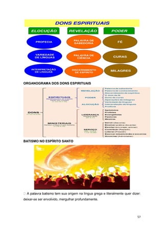 57
ORGANOGRAMA DOS DONS ESPIRITUAIS
BATISMO NO ESPÍRITO SANTO
a origem na língua grega e literalmente quer dizer:
deixar-se ser envolvido, mergulhar profundamente.
 