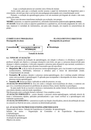 56
Logo, a avaliação precisa ser coerente com a forma de ensinar.
Assim sendo, para que a avaliação escolar assuma o papel de instrumento de diagnóstico para o
crescimento, ela terá que estar a serviço de uma pedagogia preocupada com a transformação social.
Portanto, a avaliação da aprendizagem passa a ser um momento privilegiado de estudo e não mais
acertos de contas.
Nesse caso devemos transformar mediação em avaliação, isto porque:
MEDIR é mensurar, os aspectos quantitativos, utilizando instrumentos padronizados (provas, testes).
AVALIAR é levar em conta os aspectos quantitativos e qualitativos, envolvendo julgamento de valor, ou
seja, o(parecer à variedade de instrumentos, um para cada situação, em respeito às características do
grupo..
CURRÍCULOS E PROGRAMAS PLANEJAMENTO E OBJETIVOS
Desempenho do aluno Desempenho do professor
Comunidade Metodologia
Tomada de decisão
6.1. TIPOS DE AVALIAÇÃO
No contexto da avaliação da aprendizagem, em relação à eficácia e à eficiência, é quando o
professor propõe um objetivo e consegue alcançá-lo com êxito, em que e o processo desenvolvido para
alcançar o objetivo proposto, é relevante enquanto o processo para alcançá-lo seja racional, econômico e
útil. Logo, para que avaliação seja eficiente é necessário que ela seja eficaz.
• Diagnóstica se dá no início do processo ensino-aprendizagem, pois visa levantar os pré-requisitos
(conhecimentos, habilidades, interesses e atitudes) para o início de determinado estudo.
Comportamento de entrada
• Formativa acontece durante o processo ensino-aprendizagem, ela é contínua propõe informar
como está ocorrendo à aprendizagem. É aplicada para acompanhar o desempenho do aluno, durante o
processo ensino-aprendizagem.
• Somativa Ocorre no final, é aplicada na saída do processo, ou seja,
AVALIAÇÃO DIAGNÓSTICA: leva em conta a situação sócio-econômica do aluno, o contexto em
que vive, a ocorrência de possíveis problemas de natureza física, moral, familiar ou psicológica.
Se para medir há de se recorrer a técnicas e instrumentos de caráter formal. Os professores avaliam
seus alunos durante a aula de modo espontâneo.
Não há posição entre avaliação formal e informal. Uma completa a outra.
AVALIAÇÃO FORMATIVA - ocorre durante o processo ensino-aprendizagem, realizado através de
testes e instrumentos rápidos, aplicados periodicamente e que visam verificar se a aprendizagem está
realmente acontecendo.
AVALIAÇÃO SOMATIVA - caracteriza-se pela sua função classificadora, através da atribuição de nota
ou conceito ao final de um curso, concurso ou determinado período.
6.2. AVALIAÇÃO NO PROCESSO ENSINO-APRENDIZAGEM
Organização de meios - Seleção de Experiências e Conteúdos da aprendizagem.
Seleção de meios - Organização de Conteúdos e de Experiências Programáticos
à Aprendizagem.
Formulação de objetivos
Avaliação da aprendizagem
Objetivo de ensino.
AVALIAÇÃO É O MEIO DE
INFORMAÇÃO.
 