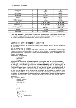 Profª Valéria Ap. Perez Faria


      Signed char                             8            -128                      127
            int                              16          -32.768                   32.767
      unsigned int                           16              0                     65.535
       signed int                            16          -32.768                   32.767
        short int                            16          -32.768                   32.767
   unsigned short int                        16              0                     65.535
    signed short int                         16          -32.768                   32.767
        long int                             32     -2.147.483.648             2.147.483.647
    signed long int                          32     -2.147.483.648             2.147.483.647
   unsigned long int                         32              0                 4.294.967.295
          float                              32          3,4E-38                  3.4E+38
         double                              64         1,7E-308                  1,7E+308
      long double                            80        3,4E-4932                 3,4E+4932

O tipo long double é o tipo de ponto flutuante com maior precisão. É importante observar que
os intervalos de ponto flutuante, na tabela acima, estão indicados em faixa de expoente, mas
os números podem assumir valores tanto positivos quanto negativos.



Declaração e Inicialização de Variáveis
As variáveis no C devem ser declaradas antes de serem usadas. A forma geral da declaração
de variáveis é:
 tipo_da_variável lista_de_variáveis;
 As variáveis da lista de variáveis terão todas o mesmo tipo e deverão ser separadas por
vírgula. Como o tipo default do C é o int, quando vamos declarar variáveis int com algum dos
modificadores de tipo, basta colocar o nome do modificador de tipo. Assim um long basta para
declarar um long int.
Por exemplo, as declarações
           char ch, letra;
           long count;
           float pi;
declaram duas variáveis do tipo char (ch e letra), uma variavel long int (count) e um float pi.
 Há três lugares nos quais podemos declarar variáveis. O primeiro é fora de todas as funções
do programa. Estas variáveis são chamadas variáveis globais e podem ser usadas a partir de
qualquer lugar no programa. Pode-se dizer que, como elas estão fora de todas as funções,
todas as funções as vêem. O segundo lugar no qual se pode declarar variáveis é no início de
um bloco de código. Estas variáveis são chamadas locais e só têm validade dentro do bloco
no qual são declaradas, isto é, só a função à qual ela pertence sabe da existência desta
variável, dentro do bloco no qual foram declaradas. O terceiro lugar onde se pode declarar
variáveis é na lista de parâmetros de uma função. Mais uma vez, apesar de estas variáveis
receberem valores externos, estas variáveis são conhecidas apenas pela função onde são
declaradas.
Veja o programa abaixo:
           #include <stdio.h>
           int contador;
           int func1(int j) {
           ...
           }

          main()
          {
            char condicao;
            int i;
            for (i=0; ...)
            {           /* Bloco do for */
              float f2;



                                                                                             3
 