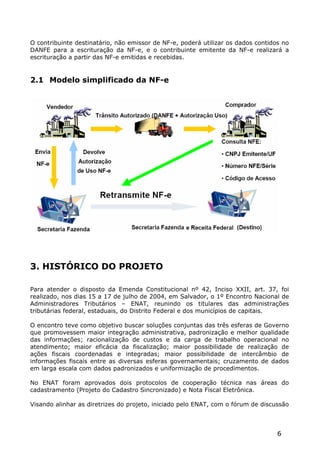 O contribuinte destinatário, não emissor de NF-e, poderá utilizar os dados contidos no
DANFE para a escrituração da NF-e, e o contribuinte emitente da NF-e realizará a
escrituração a partir das NF-e emitidas e recebidas.


2.1 Modelo simplificado da NF-e




3. HISTÓRICO DO PROJETO

Para atender o disposto da Emenda Constitucional nº 42, Inciso XXII, art. 37, foi
realizado, nos dias 15 a 17 de julho de 2004, em Salvador, o 1º Encontro Nacional de
Administradores Tributários – ENAT, reunindo os titulares das administrações
tributárias federal, estaduais, do Distrito Federal e dos municípios de capitais.

O encontro teve como objetivo buscar soluções conjuntas das três esferas de Governo
que promovessem maior integração administrativa, padronização e melhor qualidade
das informações; racionalização de custos e da carga de trabalho operacional no
atendimento; maior eficácia da fiscalização; maior possibilidade de realização de
ações fiscais coordenadas e integradas; maior possibilidade de intercâmbio de
informações fiscais entre as diversas esferas governamentais; cruzamento de dados
em larga escala com dados padronizados e uniformização de procedimentos.

No ENAT foram aprovados dois protocolos de cooperação técnica nas áreas do
cadastramento (Projeto do Cadastro Sincronizado) e Nota Fiscal Eletrônica.

Visando alinhar as diretrizes do projeto, iniciado pelo ENAT, com o fórum de discussão



                                                                                  6
 