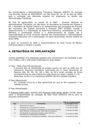 dos Coordenadores e Administradores Tributários Estaduais (ENCAT), foi realizada
uma Reunião Técnica do ENAT/ENCAT, em São Paulo-SP, em 27 de abril de 2005,
para a unificação dos diferentes projetos em andamento no âmbito das
Administrações Tributárias.

No final de agosto/2005, no evento do II ENAT – Encontro Nacional de
Administradores Tributários, em São Paulo, os Secretários de Fazenda dos Estados e
DF, o Secretário da Receita Federal e os representantes das Secretarias de Finanças
dos municípios das Capitais assinaram o Protocolo ENAT 03/2005, visando o
desenvolvimento e a implantação da Nota Fiscal Eletrônica, consolidando de forma
definitiva a coordenação técnica e o desenvolvimento do projeto sob a
responsabilidade do Encat (Encontro Nacional dos Coordenadores e Administradores
Tributários Estaduais) com a participação, da agora denominada, Receita Federal do
Brasil (RFB).

A partir de novembro de 2005 a Superintendência da Zona Franca de Manaus
(Suframa) passou a integrar o projeto.


4. ESTRATÉGIA DE IMPLANTAÇÃO

Visando possibilitar uma adaptação gradativa dos contribuintes e da sociedade a este
novo modelo, a NF-e está sendo implantada em duas etapas:


1ª Fase - Piloto (Fase Pré-operacional)
      A primeira fase de implantação do projeto ocorreu em abril de 2006 com 19
      (dezenove) empresas voluntárias autorizadas por 6 (seis) Secretarias de
      Fazenda (BA, SP, RS, SC, GO e MA). As NF-e foram emitidas de forma
      simultaneamente às suas tradicionais notas fiscais em papel, modelos 1 e 1A.
      Nesta fase, as NF-e e os respectivos DANFES não têm validade tributária.

2ª fase (Operacional)
      Em 15/09/06 iniciou-se a fase operacional em que as NF-e passaram a ter
      validade jurídica.

3ª fase (Massificação)

O Protocolo ICMS 10/07, alterado pelo Protocolo ICMS 24/08, 68/08 e 87/08, dispõe
sobre a obrigatoriedade de utilização da Nota Fiscal Eletrônica (NF-e) para os
seguintes contribuintes:


                                                                                   Data de obrigatoriedade
     Seq.                               Contribuinte                                 de emissão de NF-e
       I     Fabricantes de cigarros                                                  1º de abril de 2008
      II     Distribuidores ou atacadistas de cigarros                                1º de abril de 2008
      III    Produtores, formuladores e importadores de combustíveis líquidos,
                                                                                      1º de abril de 2008
             assim definidos e autorizados por órgão federal competente
      IV     Distribuidores de combustíveis líquidos, assim definidos e
                                                                                      1º de abril de 2008
             autorizados por órgão federal competente
      V      Transportadores e revendedores retalhistas – TRR, assim definidos e      1º de abril de 2008




                                                                                                            7
 