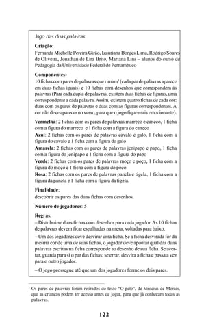 122
Jogo das duas palavras
Criação:
Fernanda Michelle Pereira Girão, Izauriana Borges Lima, Rodrigo Soares
de Oliveira, Jonathan de Lira Brito, Mariana Lins – alunos do curso de
Pedagogia da Universidade Federal de Pernambuco
Componentes:
10 fichas com pares de palavras que rimam3
(cada par de palavras aparece
em duas fichas iguais) e 10 fichas com desenhos que correspondem às
palavras (Para cada dupla de palavras, existem duas fichas de figuras, uma
correspondente a cada palavra.Assim, existem quatro fichas de cada cor:
duas com os pares de palavras e duas com as figuras correspondentes.A
cor não deve aparecer no verso, para que o jogo fique mais emocionante).
Vermelha: 2 fichas com os pares de palavras marreco e caneco, 1 ficha
com a figura do marreco e 1 ficha com a figura do caneco
Azul: 2 fichas com os pares de palavras cavalo e galo, 1 ficha com a
figura do cavalo e 1 ficha com a figura do galo
Amarela: 2 fichas com os pares de palavras jenipapo e papo, 1 ficha
com a figura do jenipapo e 1 ficha com a figura do papo
Verde: 2 fichas com os pares de palavras moço e poço, 1 ficha com a
figura do moço e 1 ficha com a figura do poço
Rosa: 2 fichas com os pares de palavras panela e tigela, 1 ficha com a
figura da panela e 1 ficha com a figura da tigela.
Finalidade:
descobrir os pares das duas fichas com desenhos.
Número de jogadores: 5
Regras:
– Distribui-se duas fichas com desenhos para cada jogador.As 10 fichas
de palavras devem ficar espalhadas na mesa, voltadas para baixo.
– Um dos jogadores deve desvirar uma ficha. Se a ficha desvirada for da
mesma cor de uma de suas fichas, o jogador deve apontar qual das duas
palavras escritas na ficha corresponde ao desenho de sua ficha. Se acer-
tar, guarda para si o par das fichas; se errar, desvira a ficha e passa a vez
para o outro jogador.
– O jogo prossegue até que um dos jogadores forme os dois pares.
3
Os pares de palavras foram retirados do texto “O pato”, de Vinícius de Morais,
que as crianças podem ter acesso antes de jogar, para que já conheçam todas as
palavras.
 