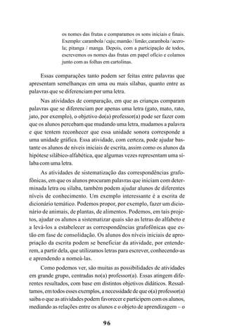 96
os nomes das frutas e comparamos os sons iniciais e finais.
Exemplo: carambola / caju; mamão / limão; carambola / acero-
la; pitanga / manga. Depois, com a participação de todos,
escrevemos os nomes das frutas em papel ofício e colamos
junto com as folhas em cartolinas.
Essas comparações tanto podem ser feitas entre palavras que
apresentam semelhanças em uma ou mais sílabas, quanto entre as
palavras que se diferenciam por uma letra.
Nas atividades de comparação, em que as crianças comparam
palavras que se diferenciam por apenas uma letra (gato, mato, rato,
jato, por exemplo), o objetivo do(a) professor(a) pode ser fazer com
que os alunos percebam que mudando uma letra, mudamos a palavra
e que tentem reconhecer que essa unidade sonora corresponde a
uma unidade gráfica. Essa atividade, com certeza, pode ajudar bas-
tante os alunos de níveis iniciais de escrita, assim como os alunos da
hipótese silábico-alfabética, que algumas vezes representam uma sí-
laba com uma letra.
As atividades de sistematização das correspondências grafo-
fônicas, em que os alunos procuram palavras que iniciam com deter-
minada letra ou sílaba, também podem ajudar alunos de diferentes
níveis de conhecimento. Um exemplo interessante é a escrita de
dicionário temático. Podemos propor, por exemplo, fazer um dicio-
nário de animais, de plantas, de alimentos. Podemos, em tais proje-
tos, ajudar os alunos a sistematizar quais são as letras do alfabeto e
a levá-los a estabelecer as correspondências grafofônicas que es-
tão em fase de consolidação. Os alunos dos níveis iniciais de apro-
priação da escrita podem se beneficiar da atividade, por entende-
rem, a partir dela, que utilizamos letras para escrever, conhecendo-as
e aprendendo a nomeá-las.
Como podemos ver, são muitas as possibilidades de atividades
em grande grupo, centradas no(a) professor(a). Essas atingem dife-
rentes resultados, com base em distintos objetivos didáticos. Ressal-
tamos, em todos esses exemplos, a necessidade de que o(a) professor(a)
saiba o que as atividades podem favorecer e participem com os alunos,
mediando as relações entre os alunos e o objeto de aprendizagem – o
 