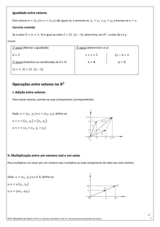 Prof. Alexandre de Castro / Prof. Dr. Antonio Faria Neto / Prof. Dr Armando Antonio Monteiro de Castro
11
Igualdade entre vetores
Dois vetores 𝑢 = (𝑥, 𝑦) 𝑒 𝑣 = (𝑥, 𝑦) são iguais se, e somente se, 𝑥1 = 𝑥2 𝑒 𝑦1 = 𝑦2 e escreve-se 𝑢 = 𝑣.
Exercício resolvido
Se o vetor 𝑢⃗ = (𝑥 + 1, 4) é igual ao vetor 𝑣 = (5, 2𝑦 − 6), determine, em 𝑅2
, o valor de x e y.
Solução:
1° passo (Montar a igualdade)
𝑢⃗ = 𝑣
2° passo (Substituir as coordenadas de 𝑢⃗ 𝑒 𝑣)
(𝑥 + 1, 4) = (5, 2𝑦 − 6)
3° passo (determinar x e y)
𝑥 + 1 = 5
𝒙 = 𝟒
2𝑦 − 6 = 4
𝒚 = 𝟓
Operações entre vetores no 𝑹 𝟐
I. Adição entre vetores
Para somar vetores, somam-se suas componentes correspondentes.
Dado 𝑢 = (𝑥1, 𝑦1) e 𝑣 = (𝑥2, 𝑦2), define-se:
𝑢 + 𝑣 = (𝑥1, 𝑦1) + (𝑥2, 𝑦2)
𝑢 + 𝑣 = (𝑥1 + 𝑥2, 𝑦1 + 𝑦2)
II. Multiplicação entre um número real e um vetor
Para multiplicar um vetor por um número real, multiplica-se cada componente do vetor por este número.
Dado 𝑢 = (𝑥1, 𝑦1) e 𝑎 ∈ 𝑅, define-se:
𝑎. 𝑢 = a. (𝑥1, 𝑦1)
𝑎. 𝑢 = (𝑎𝑥1, 𝑎𝑦1)
 