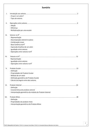 Prof. Alexandre de Castro / Prof. Dr. Antonio Faria Neto / Prof. Dr Armando Antonio Monteiro de Castro
2
Sumário
I. Introdução aos vetores ...................................................................................................................... 2
- O que é um vetor?
- Tipos de vetores
II. Operações entre vetores ................................................................................................................... 4
- Adição
- Diferença
- Multiplicação por uma escalar
III. Vetores no R2
..................................................................................................................................... 7
- Representação
- Decomposição vetorial no plano
- Combinação Linear
- Base Canônica do R2
- Expressão Analítica de um vetor
- Igualdade entre vetores
- Operações entre vetores no R2
IV. Vetores no R3
.................................................................................................................................. 11
-
Representação
- Igualdade entre vetores
- Operações entre vetores no R3
V. Produto Escalar ................................................................................................................................ 13
- Definição
- Propriedades do Produto Escalar
- Módulo de um vetor
- Definição geométrica de Produto Escalar
- Cálculo do ângulo entre dois vetores
VI. Produto Vetorial .............................................................................................................................. 23
- Definição
- Características do produto vetorial
- Interpretação geométrica do módulo do Produto Vetorial
VII. Produto Misto .................................................................................................................................. 28
- Definição
- Propriedades do produto misto
- Interpretação geométrica do Produto Misto
 