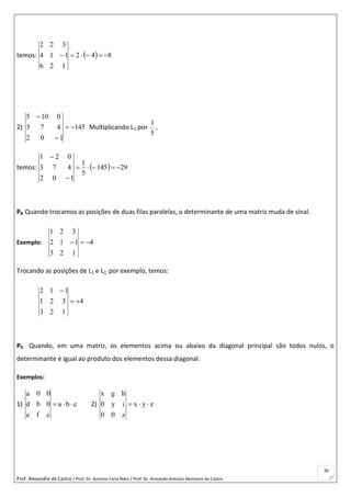 Prof. Alexandre de Castro / Prof. Dr. Antonio Faria Neto / Prof. Dr Armando Antonio Monteiro de Castro
36
temos:   842
126
114
322

2) 145
102
473
0105



Multiplicando L1 por
5
1
,
temos:   29145
5
1
102
473
021



P8 Quando trocamos as posições de duas filas paralelas, o determinante de uma matriz muda de sinal.
Exemplo: 4
123
112
321

Trocando as posições de L1 e L2, por exemplo, temos:
4
123
321
112


P9 Quando, em uma matriz, os elementos acima ou abaixo da diagonal principal são todos nulos, o
determinante é igual ao produto dos elementos dessa diagonal.
Exemplos:
1) cba
cfe
0bd
00a
 2) zyx
z00
iy0
hgx

 