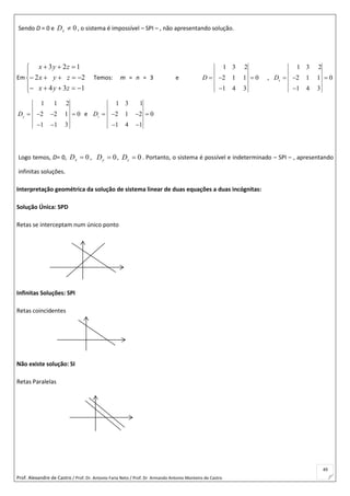 Prof. Alexandre de Castro / Prof. Dr. Antonio Faria Neto / Prof. Dr Armando Antonio Monteiro de Castro
49
Sendo D = 0 e 0xD , o sistema é impossível – SPI – , não apresentando solução.
Em








134
22
123
zyx
zyx
zyx
Temos: m = n = 3 e
1 3 2
2 1 1 0
1 4 3
D   

,
1 3 2
2 1 1 0
1 4 3
x
D   

1 1 2
2 2 1 0
1 1 3
y
D    
 
e
1 3 1
2 1 2 0
1 4 1
z
D    
 
Logo temos, D= 0, 0xD , 0yD , 0zD . Portanto, o sistema é possível e indeterminado – SPI – , apresentando
infinitas soluções.
Interpretação geométrica da solução de sistema linear de duas equações a duas incógnitas:
Solução Única: SPD
Retas se interceptam num único ponto
Infinitas Soluções: SPI
Retas coincidentes
Não existe solução: SI
Retas Paralelas
 