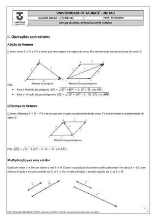 Prof. Alexandre de Castro / Prof. Dr. Antonio Faria Neto / Prof. Dr Armando Antonio Monteiro de Castro
5
Método do paralelogramoMétodo do polígono
Método do paralelogramo
UNIVERSIDADE DE TAUBATÉ - UNITAU
ÁLGEBRA LINEAR – 1° SEMESTRE PROF. ALEXANDRE
ESPAÇO VETORIAL: OPERAÇÕES ENTRE VETORES
II. Operações com vetores
Adição de Vetores
O vetor soma 𝑠 = 𝑢⃗ + 𝑣 é o vetor que tem origem na origem do vetor 𝑢⃗ e extremidade na extremidade do vetor 𝑣.
Obs.:
 Para o Método do polígono: ‖𝑠‖ = √| 𝑢⃗ |2 + |𝑣|2 − 2 ∙ |𝑢⃗ | ∙ |𝑣| ∙ cos 𝐴𝐵̂ 𝐶;
 Para o método do paralelogramo: ‖𝑠‖ = √| 𝑢⃗ |2 + |𝑣|2 − 2 ∙ |𝑢⃗ | ∙ |𝑣| ∙ cos 𝐴𝐵̂ 𝐷.
Diferença de Vetores
O vetor diferença 𝑑 = 𝑢⃗ − 𝑣 é o vetor que tem origem na extremidade do vetor 𝑣 e extremidade na extremidade do
vetor 𝑢.⃗⃗⃗
Obs.: ‖𝑑‖ = √| 𝑢⃗ |2 + |𝑣|2 − 2 ∙ |𝑢⃗ | ∙ |𝑣| ∙ cos 𝐵𝐴̂ 𝐶;
Multiplicação por uma escalar
Dado um vetor 𝑣 ≠ 0 e um número real 𝑘 ≠ 0. Chama-se produto do número real k pelo vetor 𝑣 o vetor 𝑝 = 𝑘𝑣, com
mesma direção e mesmo sentido de 𝑣, se 𝑘 > 0 e, mesma direção e sentido oposto de 𝑣, se 𝑘 < 0.
 
