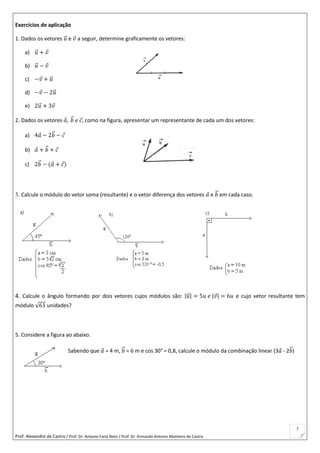 Prof. Alexandre de Castro / Prof. Dr. Antonio Faria Neto / Prof. Dr Armando Antonio Monteiro de Castro
7
Exercícios de aplicação
1. Dados os vetores 𝑢⃗ e 𝑣 a seguir, determine graficamente os vetores:
a) 𝑢⃗ + 𝑣
b) 𝑢⃗ − 𝑣
c) −𝑣 + 𝑢⃗
d) −𝑣 − 2𝑢⃗
e) 2𝑢⃗ + 3𝑣
2. Dados os vetores 𝑎, 𝑏⃗ 𝑒 𝑐, como na figura, apresentar um representante de cada um dos vetores:
a) 4𝑎 − 2𝑏⃗ − 𝑐
b) 𝑎 + 𝑏⃗ + 𝑐
c) 2𝑏⃗ − (𝑎 + 𝑐)
3. Calcule o módulo do vetor soma (resultante) e o vetor diferença dos vetores 𝑎 e 𝑏⃗ em cada caso.
4. Calcule o ângulo formando por dois vetores cujos módulos são: |𝑢⃗ | = 5𝑢 𝑒 |𝑣| = 6𝑢 e cujo vetor resultante tem
módulo √61 unidades?
5. Considere a figura ao abaixo.
Sabendo que 𝑎 = 4 m, 𝑏⃗ = 6 m e cos 30° = 0,8, calcule o módulo da combinação linear (3𝑎 - 2𝑏⃗ )
 