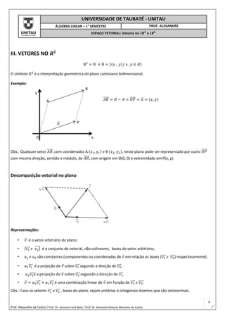 Prof. Alexandre de Castro / Prof. Dr. Antonio Faria Neto / Prof. Dr Armando Antonio Monteiro de Castro
8
B
y
𝐴𝐵⃗⃗⃗⃗⃗ = 𝐵 − 𝐴 = 𝑂𝑃⃗⃗⃗⃗⃗ = 𝑢⃗ = (𝑥, 𝑦)A
P
O x
𝑢⃗
UNIVERSIDADE DE TAUBATÉ - UNITAU
ÁLGEBRA LINEAR – 1° SEMESTRE PROF. ALEXANDRE
ESPAÇO VETORIAL: Vetores no 𝑰𝑹 𝟐
e 𝑰𝑹 𝟑
III. VETORES NO 𝑹 𝟐
R2
= R × R = {(𝑥 , 𝑦)/ x , 𝑦 ∈ 𝑅}
O símbolo 𝑅2
é a interpretação geométrica do plano cartesiano bidimensional.
Exemplo:
Obs.: Qualquer vetor 𝐴𝐵⃗⃗⃗⃗⃗ , com coordenadas A (𝑥1, 𝑦1) e B (𝑥2, 𝑦2), nesse plano pode ser representado por outro 𝑂𝑃⃗⃗⃗⃗⃗
com mesma direção, sentido e módulo, de 𝐴𝐵⃗⃗⃗⃗⃗ , com origem em O(0, 0) e extremidade em P(x, y).
Decomposição vetorial no plano
Representações:
• 𝑣 é o vetor arbitrário do plano;
• {𝑣1⃗⃗⃗⃗ 𝑒 𝑣2}⃗⃗⃗⃗⃗⃗ é o conjunto de vetorial, não colineares, bases do vetor arbitrário;
• 𝑎1 𝑒 𝑎2 são constantes (componentes ou coordenadas de 𝑣 em relação as bases {𝑣1⃗⃗⃗⃗ 𝑒 𝑣2⃗⃗⃗⃗ } respectivamente);
• 𝑎1 𝑣1⃗⃗⃗⃗ é a projeção de 𝑣 sobre 𝑣1⃗⃗⃗⃗ segundo a direção de 𝑣2⃗⃗⃗⃗ ;
• 𝑎2 𝑣2⃗⃗⃗⃗ é a projeção de 𝑣 sobre 𝑣2⃗⃗⃗⃗ segundo a direção de 𝑣1⃗⃗⃗⃗ .
• 𝑣 = 𝑎1 𝑣1⃗⃗⃗⃗ + 𝑎2 𝑣2⃗⃗⃗⃗ é uma combinação linear de 𝑣 em função de 𝑣1⃗⃗⃗⃗ 𝑒 𝑣2.⃗⃗⃗⃗⃗
Obs.: Caso os vetores 𝑣1⃗⃗⃗⃗ 𝑒 𝑣2⃗⃗⃗⃗ , bases do plano, sejam unitárias e ortogonais dizemos que são ortonormais.
 