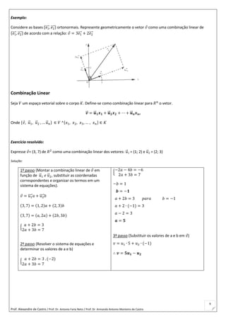 Prof. Alexandre de Castro / Prof. Dr. Antonio Faria Neto / Prof. Dr Armando Antonio Monteiro de Castro
9
Exemplo:
Considere as bases {𝑒1⃗⃗⃗ , 𝑒2⃗⃗⃗ } ortonormais. Represente geometricamente o vetor 𝑣 como uma combinação linear de
{𝑒1⃗⃗⃗ , 𝑒2⃗⃗⃗ } de acordo com a relação: 𝑣 = 3𝑒1⃗⃗⃗ + 2𝑒2⃗⃗⃗
Combinação Linear
Seja 𝑉 um espaço vetorial sobre o corpo 𝐾. Define-se como combinação linear para 𝑅 𝑛
o vetor.
𝒗⃗⃗ = 𝒖⃗⃗ 𝟏 𝒙 𝟏 + 𝒖⃗⃗ 𝟐 𝒙 𝟐 + ⋯ + 𝒖⃗⃗ 𝒏 𝒙 𝒏,
Onde {𝑣, 𝑢⃗ 1, 𝑢⃗ 2 , … 𝑢⃗ 𝑛} ∈ 𝑉 ^{𝑥1, 𝑥2, 𝑥3, … , 𝑥 𝑛} ∈ 𝐾
Exercício resolvido:
Expresse 𝑣= (3, 7) de 𝑅2
como uma combinação linear dos vetores: 𝑢⃗ 1 = (1; 2) e 𝑢⃗ 2 = (2; 3)
Solução:
1º passo (Montar a combinação linear de 𝑣 em
função de 𝑢⃗ 1 𝑒 𝑢⃗ 2, substituir as coordenadas
correspondentes e organizar os termos em um
sistema de equações).
𝑣 = 𝑢1⃗⃗⃗⃗ 𝑎 + 𝑢2⃗⃗⃗⃗ 𝑏
(3, 7) = (1, 2)𝑎 + (2, 3)𝑏
(3, 7) = (𝑎, 2𝑎) + (2𝑏, 3𝑏)
{
𝑎 + 2𝑏 = 3
2𝑎 + 3𝑏 = 7
2º passo (Resolver o sistema de equações e
determinar os valores de a e b)
{
𝑎 + 2𝑏 = 3 . (−2)
2𝑎 + 3𝑏 = 7
{
−2𝑎 − 4𝑏 = −6
2𝑎 + 3𝑏 = 7
−𝑏 = 1
𝒃 = −𝟏
𝑎 + 2𝑏 = 3 𝑝𝑎𝑟𝑎 𝑏 = −1
𝑎 + 2 ∙ (−1) = 3
𝑎 − 2 = 3
𝒂 = 𝟓
3º passo (Substituir os valores de a e b em 𝑣)
𝑣 = 𝑢1 ∙ 5 + 𝑢2 ∙ (−1)
∴ 𝒗 = 𝟓𝒖 𝟏 − 𝒖 𝟐
 