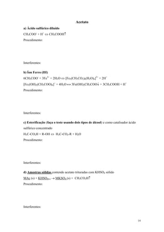 Acetato
a) Ácido sulfúrico diluído
CH3COO- + H+ ⇔ CH3COOH↑
Procedimento:




Interferentes:

b) Íon Ferro (III)
6CH3COO- + 3Fe3+ + 2H2O ⇔ [Fe3(CH3CO2)6(H2O)6]3+ + 2H+
[Fe3(OH)2(CH3COO)6]+ + 4H2O ↔ 3Fe(OH)2CH3COO↓ + 3CH3COOH + H+
Procedimento:




Interferentes:

c) Esterificação (faça o teste usando dois tipos de álcool) e como catalisador ácido
sulfúrico concentrado
H3C-CO2H + R-OH ⇔ H3C-CO2-R + H2O
Procedimento:




Interferentes:

d) Amostras sólidas contendo acetato trituradas com KHSO4 sólido
MAc (s) + KHSO4(s) → MKSO4 (s) + CH3CO2H↑
Procedimento:




Interferentes:



                                                                                       14
 