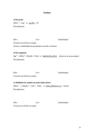 Fosfato


a) Íon prata
HPO42- + 3Ag+ ⇔ Ag3PO4 + H+
Procedimento:




KPs=                         Cor=                          Solubilidade=
Conceito envolvido na reação:
(Testar a solubilidade do precipitado em ácido e amônia)


b) Íon magnésio
Mg2+ + HPO42-+ NH4OH + 5H2O ⇔ MgNH4PO4.6H2O                (observar ao microscópio)
Procedimento:




KPs=                         Cor=                          Solubilidade=
Conceito envolvido na reação:


c) Molibdato de amônio em meio ácido nítrico
HPO42- + 12MoO42- + 23H+ + 3NH4+ ⇔ (NH4)3[P(Mo3O10)4] + 12H2O
Procedimento:




KPs=                         Cor=                          Solubilidade=
Conceito envolvido na reação:




                                                                                       29
 