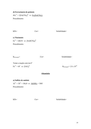 d) Ferrocianeto de potássio
4Fe3+ + 3[Fe(CN)6]4- ⇔ Fe4[Fe(CN)6]3
Procedimento:




KPs=                          Cor=               Solubilidade=


e) Tiocianato
Fe3+ + 6SCN- ⇔ [Fe(SCN)6]3-
Procedimento:




Kformação=                           Cor=              Solubilidade=


Testar a reação com íon F-
Fe3+ + 6F- ⇔ [FeF6]3-                                   Kformação= 1,0 x 1016


                                      Alumínio


a) Sulfeto de amônio
Al3+ + 3S2- + 3H2O ⇔ Al(OH)3 + 3HS-
Procedimento:




KPs=                          Cor=               Solubilidade=




                                                                            39
 