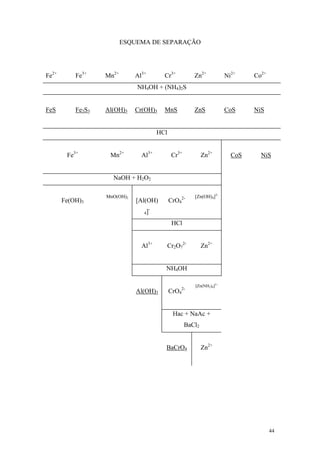 ESQUEMA DE SEPARAÇÃO




Fe2+       Fe3+    Mn2+       Al3+       Cr3+            Zn2+           Ni2+    Co2+
                              NH4OH + (NH4)2S


FeS        Fe2S3   Al(OH)3    Cr(OH)3    MnS             ZnS            CoS     NiS


                                       HCl


        Fe3+        Mn2+        Al3+          Cr3+           Zn2+         CoS     NiS


                     NaOH + H2O2

                   MnO(OH)2                              [Zn(OH)4]2-
       Fe(OH)3                [Al(OH)        CrO42-
                                   -
                                 4]

                                              HCl


                                Al3+     Cr2O72-             Zn2+


                                         NH4OH

                                                         [Zn(NH3)6]2+
                                                    2-
                              Al(OH)3        CrO4


                                              Hac + NaAc +
                                                     BaCl2


                                         BaCrO4              Zn2+




                                                                                       44
 