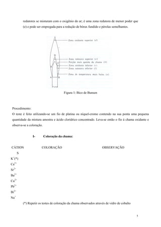 redutores se misturam com o oxigênio do ar; é uma zona redutora de menor poder que
           (e) e pode ser empregada para a redução de bórax fundido e pérolas semelhantes.




                                          Figura 1: Bico de Bunsen



 Procedimento:
 O teste é feito utilizando-se um fio de platina ou níquel-cromo contendo na sua ponta uma pequena
 quantidade da mistura amostra e ácido clorídrico concentrado. Leva-se então o fio à chama oxidante e
 observa-se a coloração.


                  I-       Coloração da chama:


CÁTION                   COLORAÇÃO                                     OBSERVAÇÃO
       S
K+(*)
Ca2+
Sr2+
Ba2+
Cu2+
Pb2+
Bi2+
Na+
           (*) Repetir os testes de coloração da chama observados através de vidro de cobalto


                                                                                                5
 