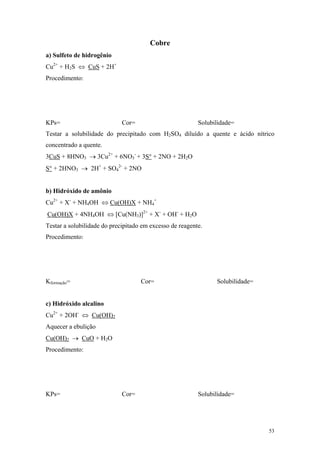 Cobre
a) Sulfeto de hidrogênio
Cu2+ + H2S ⇔ CuS + 2H+
Procedimento:




KPs=                         Cor=                         Solubilidade=
Testar a solubilidade do precipitado com H2SO4 diluído a quente e ácido nítrico
concentrado a quente.
3CuS + 8HNO3 → 3Cu2+ + 6NO3- + 3S° + 2NO + 2H2O
S° + 2HNO3 → 2H+ + SO42- + 2NO


b) Hidróxido de amônio
Cu2+ + X- + NH4OH ⇔ Cu(OH)X + NH4+
Cu(OH)X + 4NH4OH ⇔ [Cu(NH3)]2+ + X- + OH- + H2O
Testar a solubilidade do precipitado em excesso de reagente.
Procedimento:




Kformação=                          Cor=                        Solubilidade=


c) Hidróxido alcalino
Cu2+ + 2OH- ⇔ Cu(OH)2
Aquecer a ebulição
Cu(OH)2 → CuO + H2O
Procedimento:




KPs=                         Cor=                         Solubilidade=




                                                                                53
 