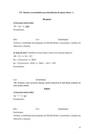 VII - Reações recomendadas para identificação de alguns ânions - 3


                                            Brometo
a) Íon prata (meio ácido)
Br- + Ag+ ⇔ AgBr
Procedimento:




KPs=                             Cor=                             Solubilidade=
Verificar a solubilidade do precipitado em NH4OH diluído e concentrado, e também em
(NH4)2CO3 e Na2S2O3.


b) Água de cloro* (trabalhar em meio ácido e extrair com solvente orgânico).
2Br- + Cl2 ⇔ Br2 + 2Cl-
Br2 + Cl2(excesso) ⇔ 2BrCl
Br2 + 5Cl2(excesso) + 6H2O ⇔ 2BrO3- + 10Cl- + 12H+
Procedimento:




Cor=                             Solubilidade=
*
 Obs: Na prática, é mais conveniente empregar solução de hipoclorito de sódio diluído, acidulada com
ácido clorídrico diluído.

                                             Iodeto
a) Íon prata (meio ácido)
Ag+ + I- ⇔ AgI
Procedimento:




KPs=                             Cor=                             Solubilidade=
Interferentes:
Verificar a solubilidade do precipitado em NH4OH diluído e concentrado, e também em
(NH4)2CO3 e Na2S2O3.



                                                                                                 60
 