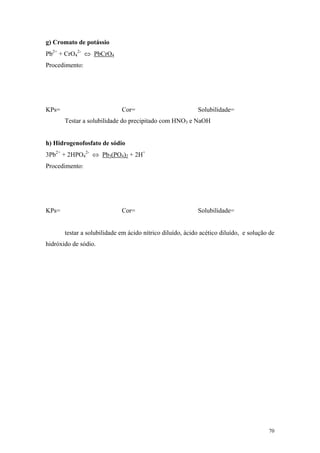 g) Cromato de potássio
Pb2+ + CrO42- ⇔ PbCrO4
Procedimento:




KPs=                         Cor=                          Solubilidade=
       Testar a solubilidade do precipitado com HNO3 e NaOH


h) Hidrogenofosfato de sódio
3Pb2+ + 2HPO42- ⇔ Pb3(PO4)2 + 2H+
Procedimento:




KPs=                         Cor=                          Solubilidade=


       testar a solubilidade em ácido nítrico diluído, ácido acético diluído, e solução de
hidróxido de sódio.




                                                                                       70
 