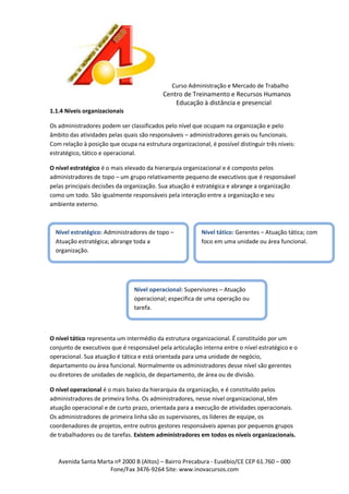 Curso Administração e Mercado de Trabalho

Centro de Treinamento e Recursos Humanos
Educação à distância e presencial
1.1.4 Níveis organizacionais
Os administradores podem ser classificados pelo nível que ocupam na organização e pelo
âmbito das atividades pelas quais são responsáveis – administradores gerais ou funcionais.
Com relação à posição que ocupa na estrutura organizacional, é possível distinguir três níveis:
estratégico, tático e operacional.
O nível estratégico é o mais elevado da hierarquia organizacional e é composto pelos
administradores de topo – um grupo relativamente pequeno de executivos que é responsável
pelas principais decisões da organização. Sua atuação é estratégica e abrange a organização
como um todo. São igualmente responsáveis pela interação entre a organização e seu
ambiente externo.

Nível estratégico: Administradores de topo –
Atuação estratégica; abrange toda a
organização.

Nível tático: Gerentes – Atuação tática; com
foco em uma unidade ou área funcional.

Nível operacional: Supervisores – Atuação
operacional; especifica de uma operação ou
tarefa.

O nível tático representa um intermédio da estrutura organizacional. É constituído por um
conjunto de executivos que é responsável pela articulação interna entre o nível estratégico e o
operacional. Sua atuação é tática e está orientada para uma unidade de negócio,
departamento ou área funcional. Normalmente os administradores desse nível são gerentes
ou diretores de unidades de negócio, de departamento, de área ou de divisão.
O nível operacional é o mais baixo da hierarquia da organização, e é constituído pelos
administradores de primeira linha. Os administradores, nesse nível organizacional, têm
atuação operacional e de curto prazo, orientada para a execução de atividades operacionais.
Os administradores de primeira linha são os supervisores, os líderes de equipe, os
coordenadores de projetos, entre outros gestores responsáveis apenas por pequenos grupos
de trabalhadores ou de tarefas. Existem administradores em todos os níveis organizacionais.

Avenida Santa Marta nº 2000 B (Altos) – Bairro Precabura - Eusébio/CE CEP 61.760 – 000
Fone/Fax 3476-9264 Site: www.inovacursos.com

 