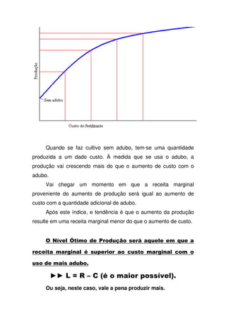Quando se faz cultivo sem adubo, tem-se uma quantidade
produzida a um dado custo. À medida que se usa o adubo, a
produção vai crescendo mais do que o aumento de custo com o
adubo.
Vai chegar um momento em que a receita marginal
proveniente do aumento de produção será igual ao aumento de
custo com a quantidade adicional de adubo.
Após este índice, e tendência é que o aumento da produção
resulte em uma receita marginal menor do que o aumento de custo.
8 ," E , 4 !*% , ( +!,", , +!,
,', " 9 ! , '! " '
! , !&
@ @ F G >9 8 ,";
Ou seja, neste caso, vale a pena produzir mais.
 