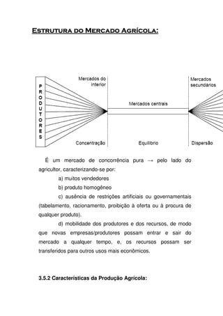 - . /- . /- . /- . /
3.5.1 Características do Mercado Agrícola:
É um mercado de concorrência pura pelo lado do
agricultor, caracterizando-se por:
a) muitos vendedores
b) produto homogêneo
c) ausência de restrições artificiais ou governamentais
(tabelamento, racionamento, proibição à oferta ou à procura de
qualquer produto).
d) mobilidade dos produtores e dos recursos, de modo
que novas empresas/produtores possam entrar e sair do
mercado a qualquer tempo, e, os recursos possam ser
transferidos para outros usos mais econômicos.
3.5.2 Características da Produção Agrícola:
 