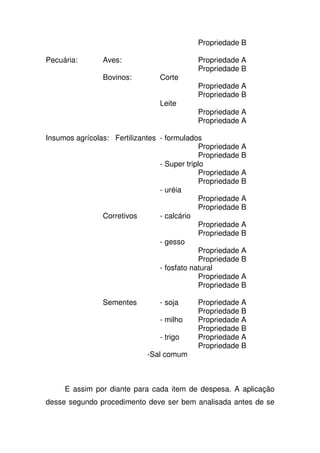 Propriedade B
Pecuária: Aves: Propriedade A
Propriedade B
Bovinos: Corte
Propriedade A
Propriedade B
Leite
Propriedade A
Propriedade A
Insumos agrícolas: Fertilizantes - formulados
Propriedade A
Propriedade B
- Super triplo
Propriedade A
Propriedade B
- uréia
Propriedade A
Propriedade B
Corretivos - calcário
Propriedade A
Propriedade B
- gesso
Propriedade A
Propriedade B
- fosfato natural
Propriedade A
Propriedade B
Sementes - soja Propriedade A
Propriedade B
- milho Propriedade A
Propriedade B
- trigo Propriedade A
Propriedade B
-Sal comum
E assim por diante para cada item de despesa. A aplicação
desse segundo procedimento deve ser bem analisada antes de se
 