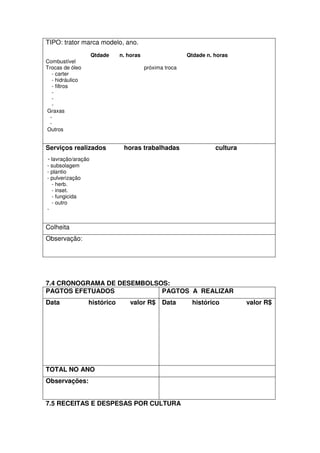 TIPO: trator marca modelo, ano.
Qtdade n. horas Qtdade n. horas
Combustível
Trocas de óleo próxima troca
- carter
- hidráulico
- filtros
-
-
-
Graxas
-
-
Outros
Serviços realizados horas trabalhadas cultura
- lavração/aração
- subsolagem
- plantio
- pulverização
- herb.
- inset.
- fungicida
- outro
-
Colheita
Observação:
7.4 CRONOGRAMA DE DESEMBOLSOS:
PAGTOS EFETUADOS PAGTOS A REALIZAR
Data histórico valor R$ Data histórico valor R$
TOTAL NO ANO
Observações:
7.5 RECEITAS E DESPESAS POR CULTURA
 