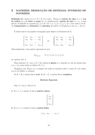 2 MATRIZES. RESOLUÇÃO DE SISTEMAS. INVERSÃO DE
MATRIZES.
Definição 2.1 Sejam m, n ∈ N e K um corpo. Chama-se matriz do tipo m × n (ou
de ordem (m, n)) sobre o corpo K, ou simplesmente, matriz do tipo m × n, a uma
função A definida no conjunto {(i, j) ∈ N × N : 1 ≤ i ≤ m, 1 ≤ j ≤ n} e com valores em K.
As componentes ou elementos ou entradas da matriz A designam-se por aij = A(i, j).
É usual usar-se um quadro rectangular para dispor os elementos de K.





a11 a12 · · · a1n
a21 a22 · · · a2n
.
.
. · · · · · · · · ·
am1 am2 · · · amn





ou





a11 a12 · · · a1n
a21 a22 · · · a2n
.
.
. · · · · · · · · ·
am1 am2 · · · amn





Abreviadamente, uma matriz representa-se por
[aij](m,n) (1 ≤ i ≤ m, 1 ≤ j ≤ n)
ou, apenas, por A.
Duas matrizes A = [aij] e B = [bij] dizem-se iguais se, e somente se, são do mesmo tipo
e aij = bij, para todos os valores de i e j.
Designa-se por MK(m, n) o conjunto de todas as matrizes sobre o corpo K e de ordem
(m, n) (m linhas, n colunas).
Se K = R, a matriz diz-se real. Se K = C, a matriz diz-se complexa.
Matrizes Especiais
Seja A = [aij] ∈ MK(m, n).
1. Se n = 1, a matriz A diz-se matriz coluna.





a11
a21
.
.
.
am1





2. Se m = 1, a matriz A diz-se matriz linha.

a11 a12 · · · a1n

10
 