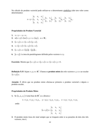 No cálculo do produto vectorial pode utilizar-se o determinante simbólico (não tem valor como
determinante):
3
2
1
2
1
2
3
1
3
1
1
3
2
3
2
3
2
1
3
2
1
3
2
1
e
y
y
x
x
e
y
y
x
x
e
y
y
x
x
y
y
y
x
x
x
e
e
e
y
x +
−
=
=
∧ .
Propriedades do Produto Vectorial
1. ;
x
y
y
x ∧
−
=
∧
2. ( ) ( ) ( y
x
y
x
y
x α
∧ )
=
∧
α
=
∧
α , ∈
α IR;
3. ( ) ( ) ( z
y
z
x
z
y
x ∧ )
+
∧
=
∧
+ ;
4. ;
( ) ( ) ( z
x
y
x
z
y
x ∧
+
∧
=
+
∧ )
5. ( ) ( ) ( )x
z
y
y
z
x
z
y
x −
=
∧
∧ ;
6. y
x ∧ é a área do paralelogramo definido pelos vectores x e y.
Exercício: Mostre que ( ) ( ) ( ) 0
y
x
z
x
z
y
z
y
x =
∧
∧
+
∧
∧
+
∧
∧ .
Definição 5.15: Sejam IR
∈
z
,
y
,
x
3
. Chama-se produto misto dos três vectores x, y e z ao escalar
( ) z
y
x ∧ .
Atenção: É óbvio que no produto misto efectua-se primeiro o produto vectorial e depois o
produto escalar.
Propriedades do Produto Misto:
1. Se é uma base de IR
( 3
2
1 e
,
e
,
e ) 3
o.n. directa e
3
3
2
2
1
1 e
x
e
x
e
x
x +
+
= , 3
3
2
2
1
1 e
y
e
y
e
y
y +
+
= , 3
3
2
2
1
1 e
z
e
z
e
z
z +
+
=
então
( )
3
2
1
3
2
1
3
2
1
z
z
z
y
y
y
x
x
x
z
y
x =
∧ .
2. O produto misto troca de sinal sempre que se troquem entre si as posições de dois dos três
vectores, isto é,
60
 