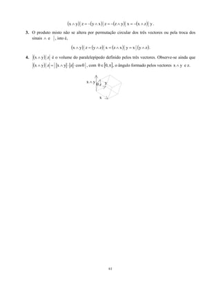 ( ) ( ) ( ) ( ) y
z
x
x
y
z
z
x
y
z
y
x ∧
−
=
∧
−
=
∧
−
=
∧ .
3. O produto misto não se altera por permutação circular dos três vectores ou pela troca dos
sinais e
∧ , isto é,
( ) ( ) ( ) ( )
z
y
x
y
x
z
x
z
y
z
y
x ∧
=
∧
=
∧
=
∧ .
4. ( ) z
y
x ∧
( )
é o volume do paralelepípedo definido pelos três vectores. Observe-se ainda que
cos
z
y
x
z
y
x θ
⋅
⋅
∧
=
∧ , com [ ]
π
∈
θ ,
0 , o ângulo formado pelos vectores e z.
y
x ∧
x
θ z y
y
x ∧
61
 