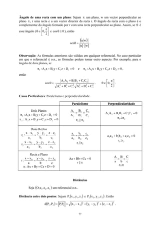 Ângulo de uma recta com um plano: Sejam π um plano, w um vector perpendicular ao
plano , r uma recta e u um vector director da recta r. O ângulo da recta com o plano é o
complementar do ângulo formado por r com uma recta perpendicular ao plano. Assim, se
π
θ é
esse ângulo ( 




 π
∈
θ
2
,
0 e ), então
0
cos ≥
θ
( )
w
u
w
u
sen
⋅
=
θ .
Observação: As fórmulas anteriores são válidas em qualquer referencial. No caso particular
em que o referencial é o.n., as fórmulas podem tomar outro aspecto. Por exemplo, para o
ângulo de dois planos, se
0
D
z
C
y
B
x
A
:
e
0
D
z
C
y
B
x
A
: 2
2
2
2
2
1
1
1
1
1 =
+
+
+
π
=
+
+
+
π ,
então





 π
∈
θ
+
+
+
+
+
+
=
θ
2
0,
,
C
B
A
C
B
A
C
C
B
B
A
A
cos
2
2
2
2
2
2
2
1
2
1
2
1
2
1
2
1
2
1
.
Casos Particulares: Paralelismo e perpendicularidade.
Paralelismo Perpendicularidade
Dois Planos
0
D
z
C
y
B
x
A
: 1
1
1
1
1 =
+
+
+
π
0
D
z
C
y
B
x
A
: 2
2
2
2
2 =
+
+
+
π
2
1
2
1
2
1
C
C
B
B
A
A
=
=
2
1 || π
π
0
C
C
B
B
A
A 2
1
2
1
2
1 =
+
+
2
1 π
⊥
π
Duas Rectas
1
1
1
1
1
1
1
c
z
z
b
y
y
a
x
x
:
r
−
=
−
=
−
2
2
2
2
2
2
2
c
z
z
b
y
y
a
x
x
r
−
=
−
=
−
2
1
2
1
2
1
c
c
b
b
a
a
=
=
2
1 r
||
r
0
c
c
b
b
a
a 2
1
2
1
2
1 =
+
+
2
1 r
r ⊥
Recta e Plano
c
z
z
b
y
y
a
x
x
:
r 0
0
0 −
=
−
=
−
0
D
Cz
By
Ax
: =
+
+
+
π
0
Cc
Bb
Aa =
+
+
π
||
r c
C
b
B
a
A
=
=
π
⊥
r
Distâncias
Seja ( um referencial o.n..
)
3
2
1 e
,
e
,
e
;
O
Distância entre dois pontos: Sejam ( )
1
1
1
1 z
,
y
,
x
P e ( )
2
2
2
2 z
,
y
,
x
P . Então
( ) ( ) ( ) ( )2
2
1
2
2
1
2
2
1
2
1
2
1 z
z
y
y
x
x
P
P
P
,
P
d −
+
−
+
−
=
= .
77
 