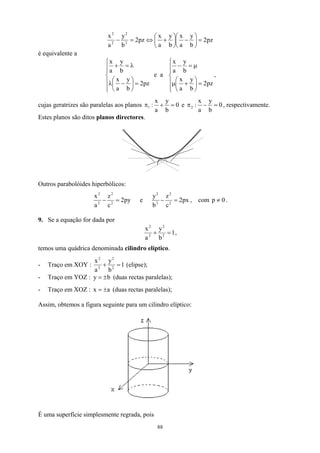 pz
2
b
y
a
x
b
y
a
x
pz
2
b
y
a
x
2
2
2
2
=






−






+
⇔
=
−
é equivalente a







=






−
λ
λ
=
+
pz
2
b
y
a
x
b
y
a
x
e a







=






+
µ
µ
=
−
pz
2
b
y
a
x
b
y
a
x
,
cujas geratrizes são paralelas aos planos 0
b
y
a
x
:
1 =
+
π e 0
b
y
a
x
:
2 =
−
π , respectivamente.
Estes planos são ditos planos directores.
Outros parabolóides hiperbólicos:
py
2
c
z
a
x
2
2
2
2
=
− e px
2
c
z
b
y
2
2
2
2
=
− , com p 0
≠ .
9. Se a equação for dada por
1
b
y
a
x
2
2
2
2
=
+ ,
temos uma quádrica denominada cilindro elíptico.
- Traço em XOY : 1
b
y
a
x
2
2
2
2
=
+ (elipse);
- Traço em YOZ : b
y ±
= (duas rectas paralelas);
- Traço em XOZ : a
x ±
= (duas rectas paralelas);
Assim, obtemos a figura seguinte para um cilindro elíptico:
É uma superfície simplesmente regrada, pois
88
 