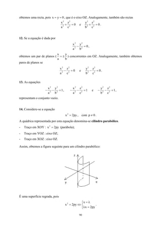 obtemos uma recta, pois , que é o eixo OZ. Analogamente, também são rectas
0
y
x =
=
0
c
z
b
y
e
0
c
z
a
x
2
2
2
2
2
2
2
2
=
+
=
+ .
12. Se a equação é dada por
0
b
y
a
x
2
2
2
2
=
− ,
obtemos um par de planos (
b
y
a
x
±
= ) concorrentes em OZ. Analogamente, também obtemos
pares de planos se
0
c
z
a
x
2
2
2
2
=
− e 0
c
z
b
y
2
2
2
2
=
− .
13. As equações
1
b
y
a
x
2
2
2
2
=
−
− , 1
c
z
a
x
2
2
2
2
=
−
− e 1
c
z
b
y
2
2
2
2
=
−
− ,
representam o conjunto vazio.
14. Considere-se a equação
py
2
x2
= , com 0
p ≠ .
A quádrica representada por esta equação denomina-se cilindro parabólico.
- Traço em XOY : (parábola);
py
2
x2
=
- Traço em YOZ : eixo OZ;
- Traço em XOZ : eixo OZ.
Assim, obtemos a figura seguinte para um cilindro parabólico:
É uma superfície regrada, pois



=
λ
λ
=
⇔
=
py
2
x
x
py
2
x2
.
90
 
